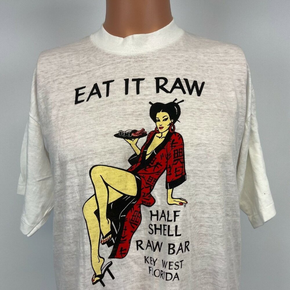Hall Shell Raw Bar Key West Florida Pin Up Girl Single Stitch T Shirt Vtg 80s XL
